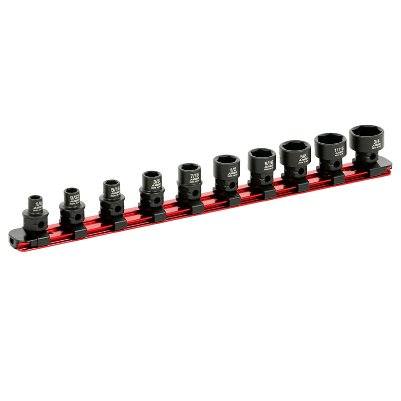 ARES 29019 – 10-Piece 3/8-Inch Drive SAE Low Profile Nano Impact Socket Set – Impact Grade Sockets Offer Greater Clearance Than Typical Shallow Sockets – Includes Aluminum Storage Rail 10-Piece SAE Nano Impact Socket Set