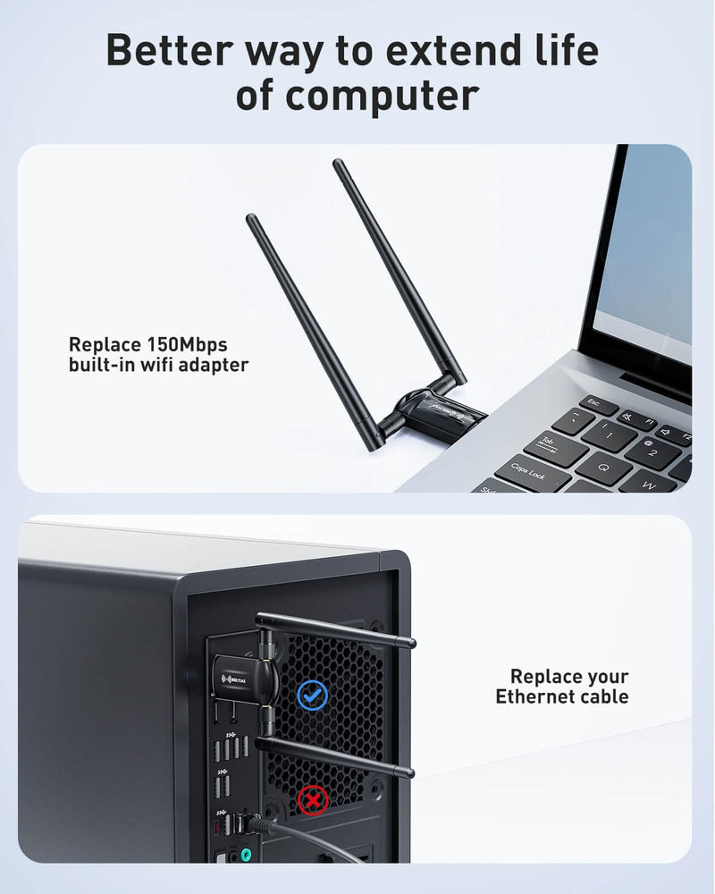 USB WiFi Adapter for Desktop PC - Nineplus 1800Mbps 5.8G/2.4G Wi-Fi 6 USB 3.0 Wireless Adapter with 2x5dBi Antenna WiFi Dongle for Desktop PC Laptop 802.11ax Internet Network Card for Win11/10