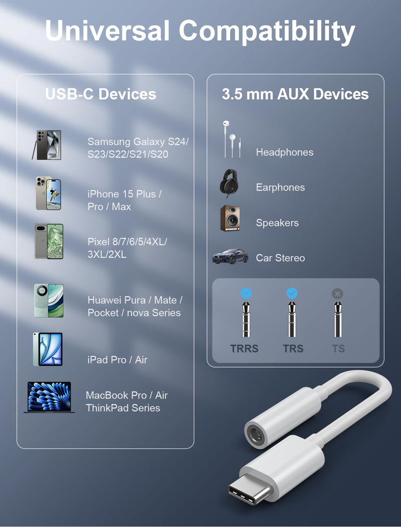 USB-C to 3.5mm Audio Headphone Adapter - HiFi 2 Pack Compatible with Apple iPhone 15 Samsung Galaxy S24 S23 S22 S21 Plus Pro Max Ultra Pixel iPad - Type C to Jack Dongle Adapter