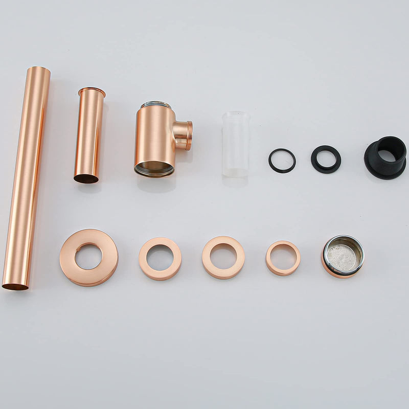 RANDOM Brass Contemporary Round Bottle P Trap 1 1/4 Basin Sink Waste Drain P Trap Kit, Copper Satin, Also Red Antique Copper（Brushed Rose Gold） Brushed Rose Gold