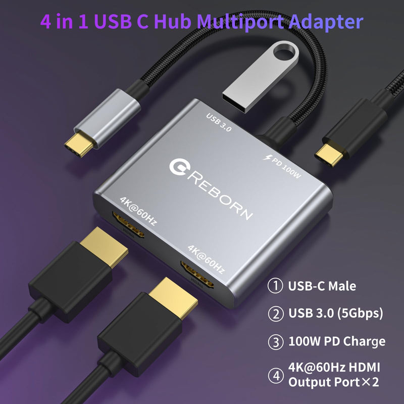 USB C to Dual HDMI Adapter | 4K@60Hz HDMI Splitter Extended Display for Dual Monitors, Multi-Monitor Adapter with USB and 100W PD, Windows Allows 3 Separate Screens, macOS Only Allows Mirror Mode