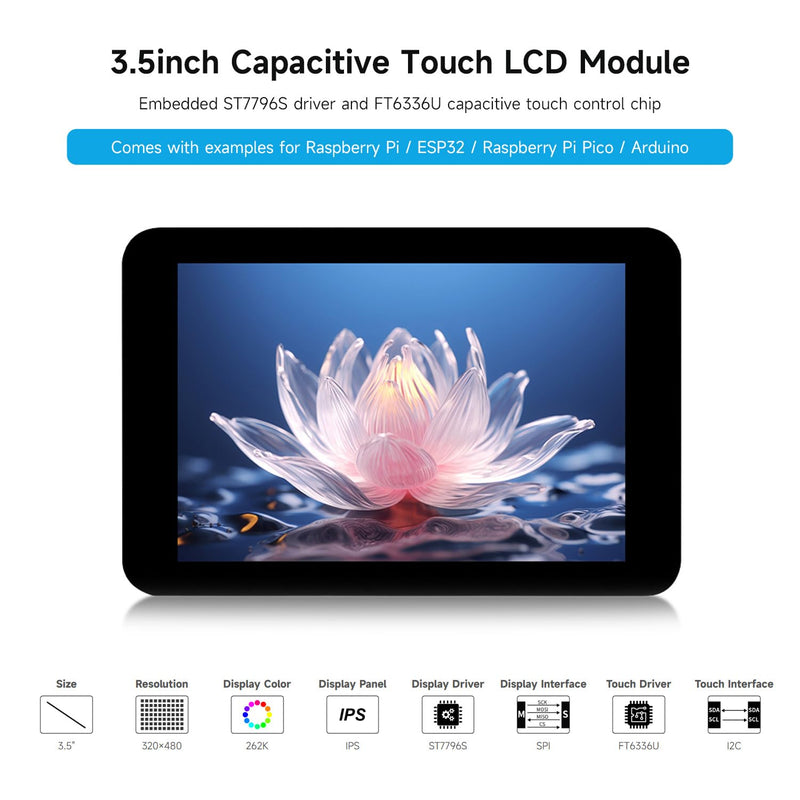 Waveshare 3.5 inch Capacitive Touch Display Module, Compatible with Raspberry Pi 5/4B/3B/Zero/Zero W/Zero 2W/Pico/Pico W/Pico WH// ESP32/Arduino, 320 × 480 Resolution, IPS Display