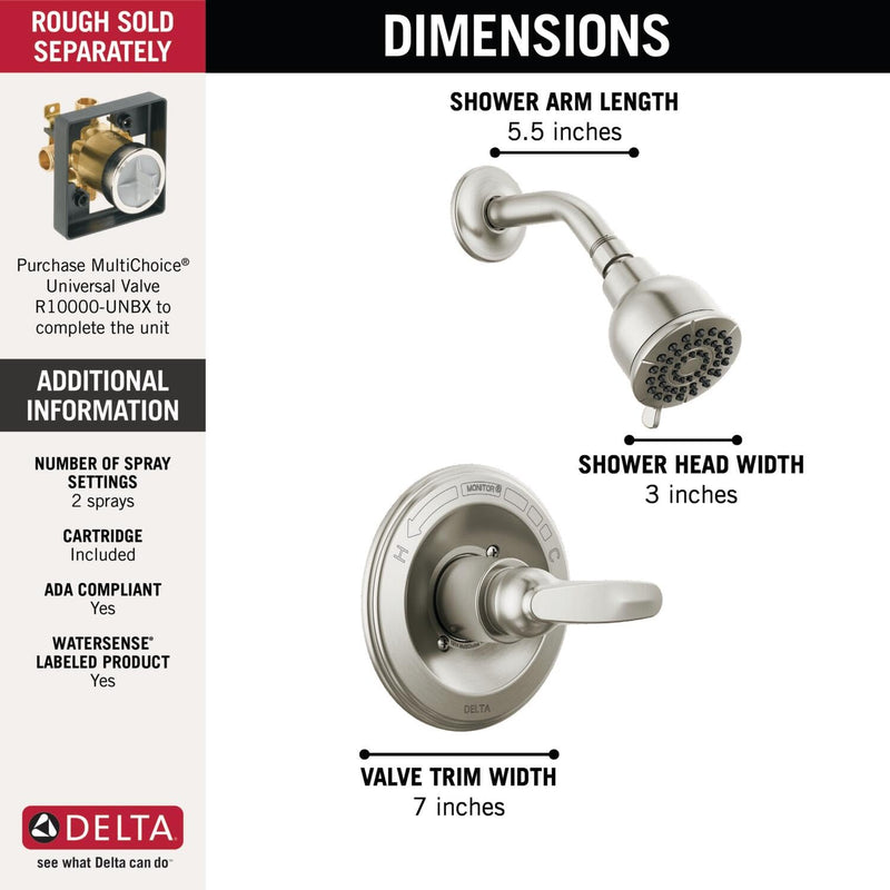 Delta Foundations 13 Series 2-Spray Shower Faucet Set, Brushed Nickel Shower Head and Handle Set, Valve Trim Kit, Stainless BT13210-SS (Valve Not Included) 3.5 Inch