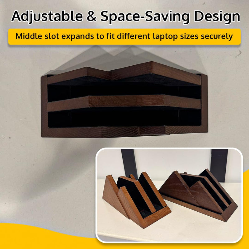 Dual Laptop Holder Vertical Laptop Stand 2 Slots Wooden - Dark Brown (Walnut Color)