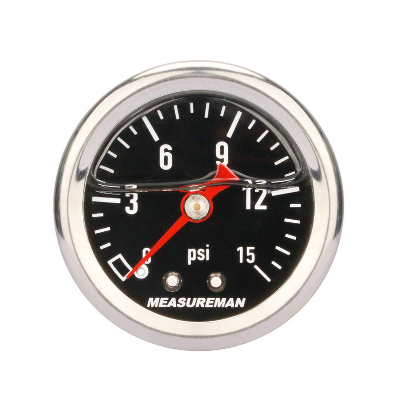 MEASUREMAN 1.5" Black Dial, 304 Stainless Steel case, Liquid Filled Fuel Pressure Gauge, 0-15Psi, 3-2-3%, 1/8" NPT Center Back Mount Back Mount（Black Dial）