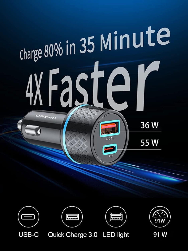 QGeeM USB C Car Charger Adapter, 2Pack 91W Fast Charging Cigarette Lighter Charger with PD3.0, USB Type-C Phone Charger Compatible for iPhone 15 14 13 Pro MAX,iPad Pro,Galaxy S24 S23 S22 and more.