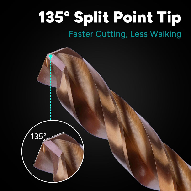 3-Flute Cobalt Drill Bit Set, M35 Metal Drill Bits for Metal and Steel, 3-Flats Shank, 135 Degree Split Point, for Hardened Steel, Stainless Steel, 21-Piece, 1/16"-1/2" 1/16 - 1/2 in (21pcs)