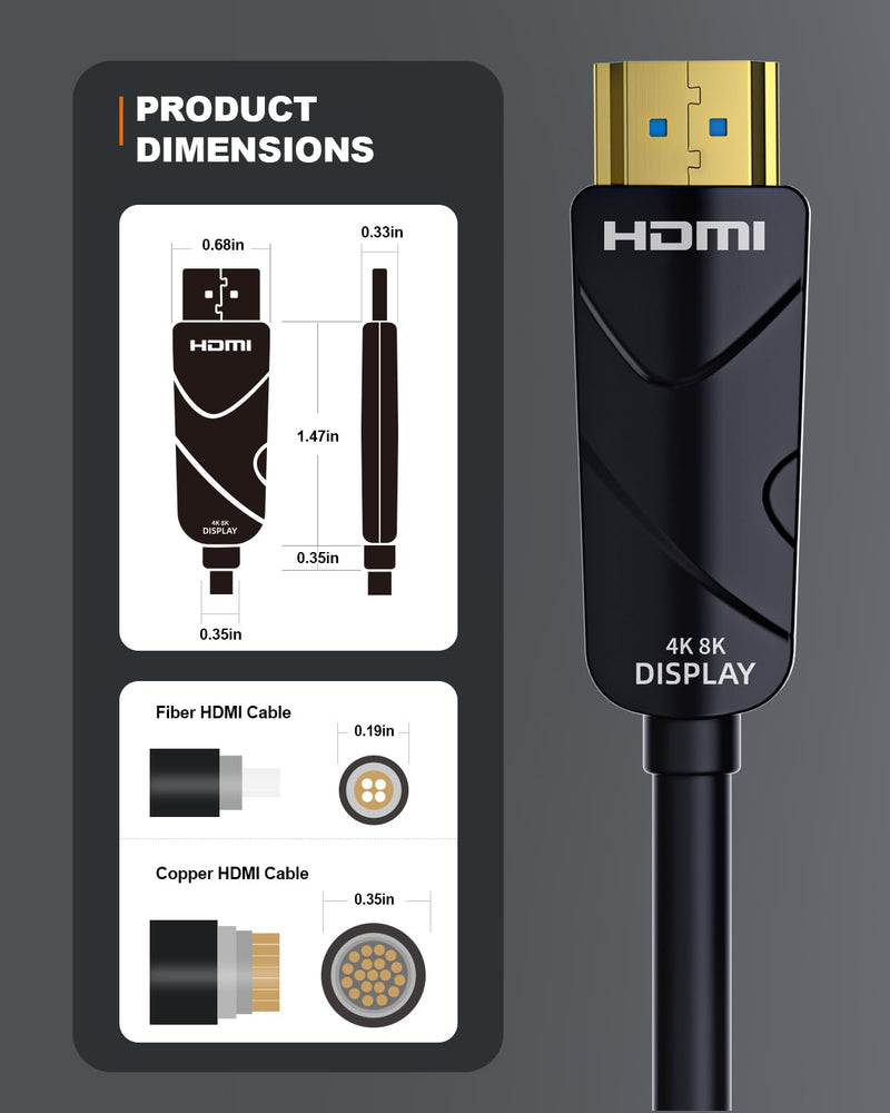 Fiber Optic HDMI Cable 50 ft, 10K 8K 4K Certified HDMI 2.1 Cable, CL3 Rated in Wall 48Gbps Extra Long Active Cable, Slim & Light Unidirectional One-Way HDMI, Support D-HDR, eARC Dolby Atmos Uni directional Black