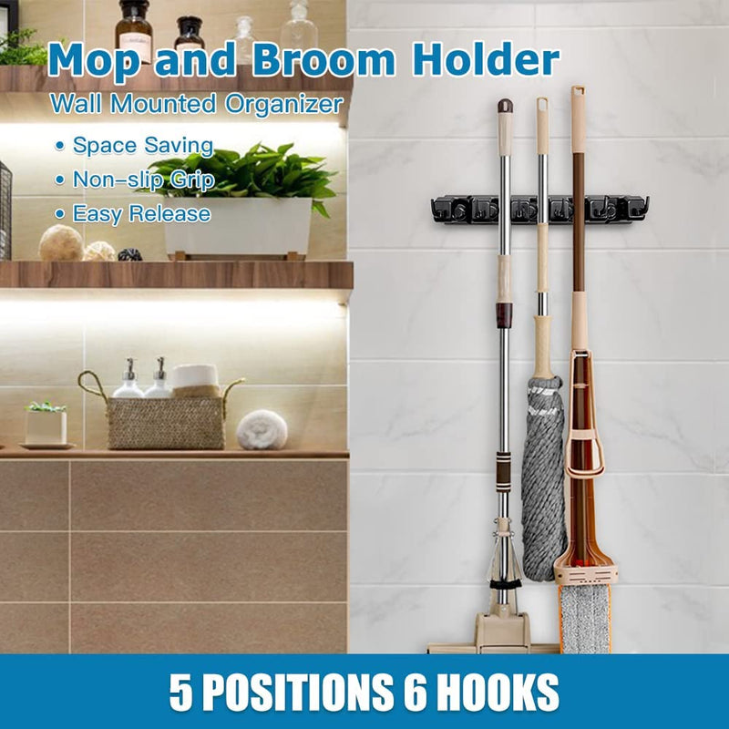 ibell Pack of 2 broom holder wall, device holder wall mount with 10 holders and 12 hooks, broom holder tool holder garden tool holder organizer for home kitchen bathroom garage garden black