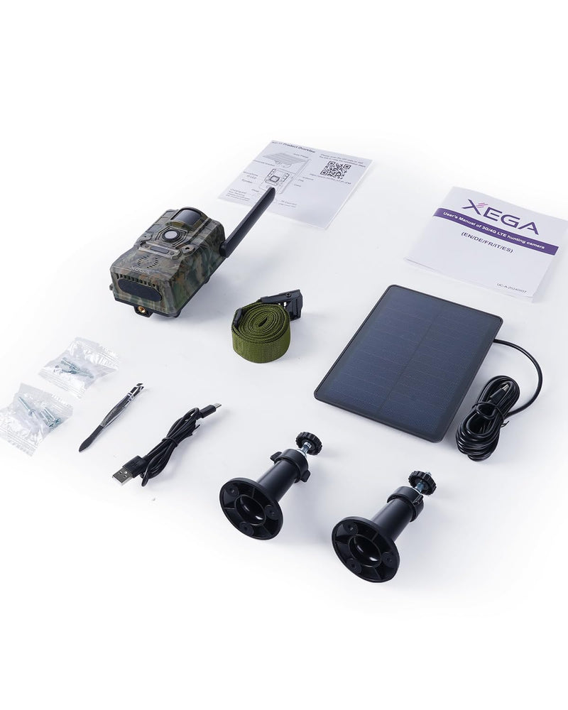 Xega 4G Solar Cellular Trail Camera with Live Feed, 2K GPS 7800mAh Wildlife Camera, No Glow 940nm Night Vision Motion Detection Instant Alarm 2-Way Audio Cloud/TF, Only Support The Build-in SIM Card