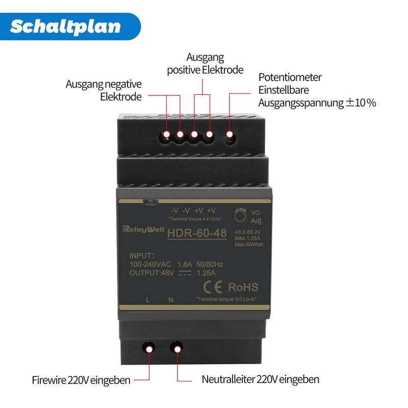 DIN Rail Power Supply HDR 48 V, 60 W, 1.25 A | Transformer 230 V to 48 V, 48 volt power supply, ReleyWell, HDR-60-48 60W,1.25A