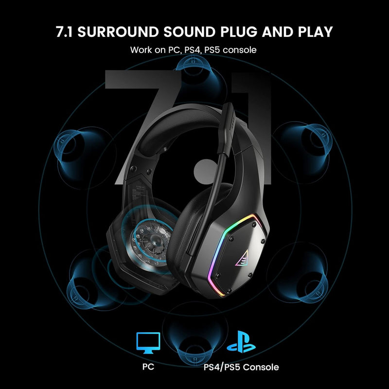 PG4 RGB Wireless Gaming Headset for PS4, PS5, PC - 2.4GHz 7.1 Surround Sound, Bluetooth Gaming Headphone with AI Detachable Noise Canceling Mic, 48-Hr Battery for Laptop, Switch, Mac (Black) Black