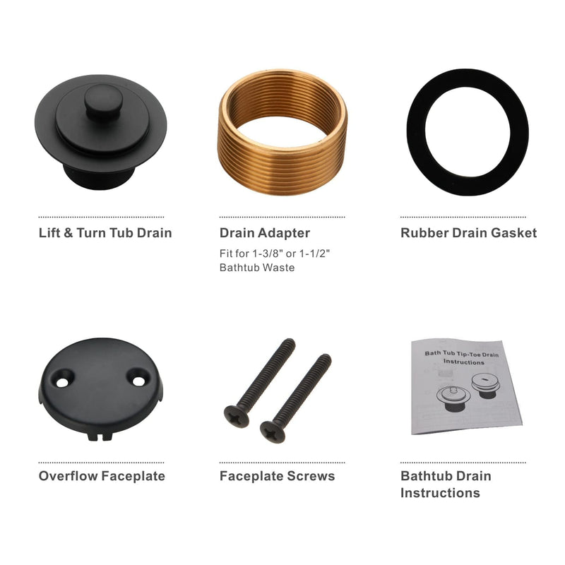 Black Bathtub Tub Drain Conversion Kit Assembly, Wellup Lift and Turn Twist Tub Drain Trim Kit with Two-Hole Overflow Faceplate, Matte Black 2 Holes