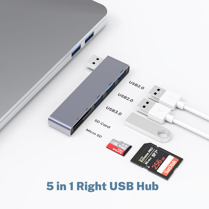 Fidioto USB A Hub, Networking Hubs Right Model 5-in-1 Adapter with 1 USB3.0 &2 USB2.0 & Micro SD/TF Card Reader, Compatible for Laptop MacBook, Chromebook, Dell, HP, Samsung, Keyboard, Mouse Etc. 5in1-Right-Gery