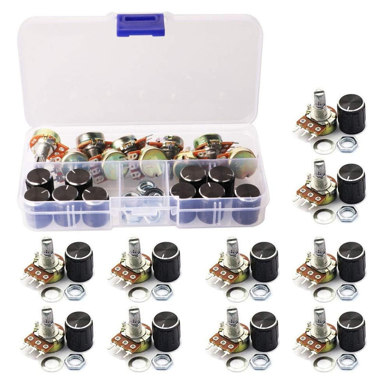 GTIWUNG 10pcs Linear Potentiometer, Potentiometer Mono Linear B10K, Single Potentiometer, WH148 3Pin Rotary Potentiometer with Nuts and Washer, Black Aluminum Alloy Rotary Knob Cap 10pcs Potentiometer B10k