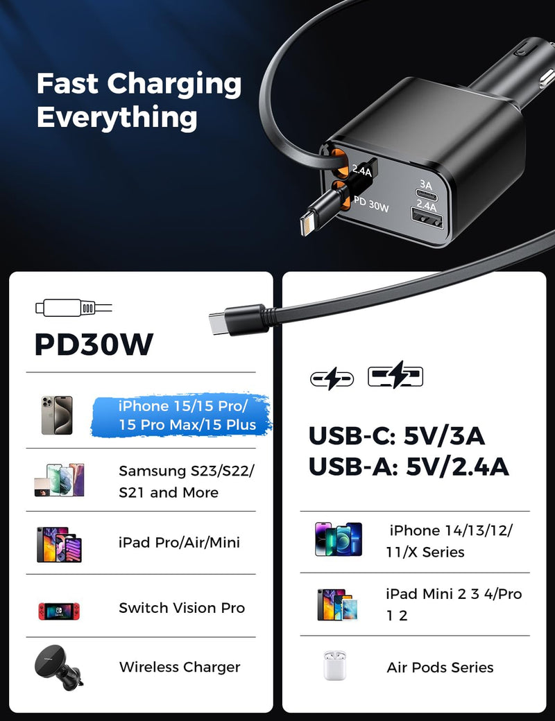 [2024 Upgraded] 4 in 1 Retractable Car Charger, SUPERONE Smaller Fast Car Phone Charger 69W with Cord, USB C and Lightning Car Charger Adapter, Compatible iPhone 15/15 Pro Max/14/13/12/11, Sumsung Black