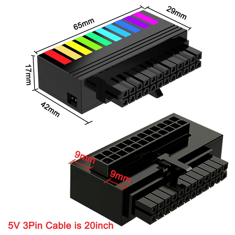 ATX 24 Pin 90 Degree Adapter, 5V 3PIN ARGB RGB 24Pin Right Angle ATX Female to Male Power Supply Adapter for 24PIN Motherboard (Black)
