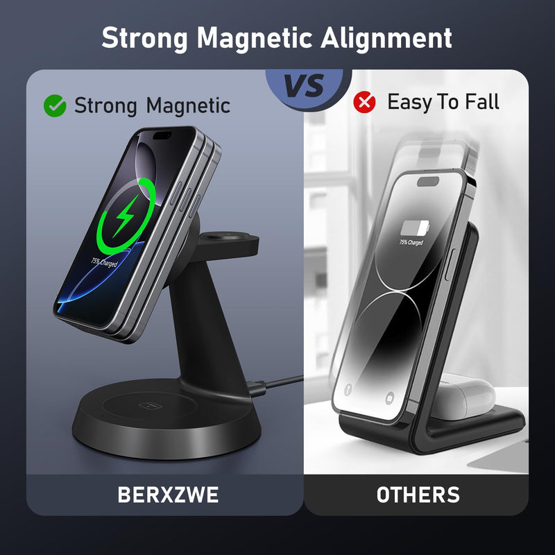 3 in 1 Wireless Charging Station for Apple, Charger Stand for Multiple Apple Devices, Wireless Charging Station for iPhone 16/15/14/13/12 Series, Wireless Charger for AirPods, iWatch Series (Black) Black