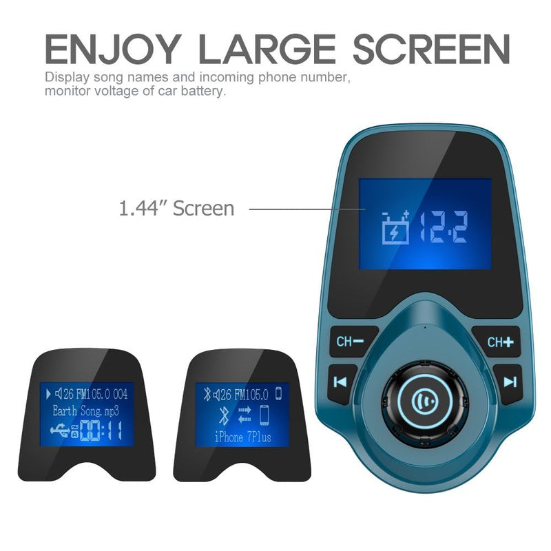 Nulaxy Bluetooth Car FM Transmitter Audio Adapter Receiver Wireless Handsfree Voltmeter Car Kit TF Card AUX 1.44 Display – KM18 Peacock Blue