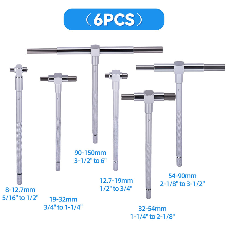 6Pcs T Bore Hole Gauges Set Bulk, 5/16" - 6" Range - Smooth Action Telescoping Gauge with Lock, High Precision Telescopic Bore Gauge T-Gage Set, Complete Measurement Kit Includes Pouch