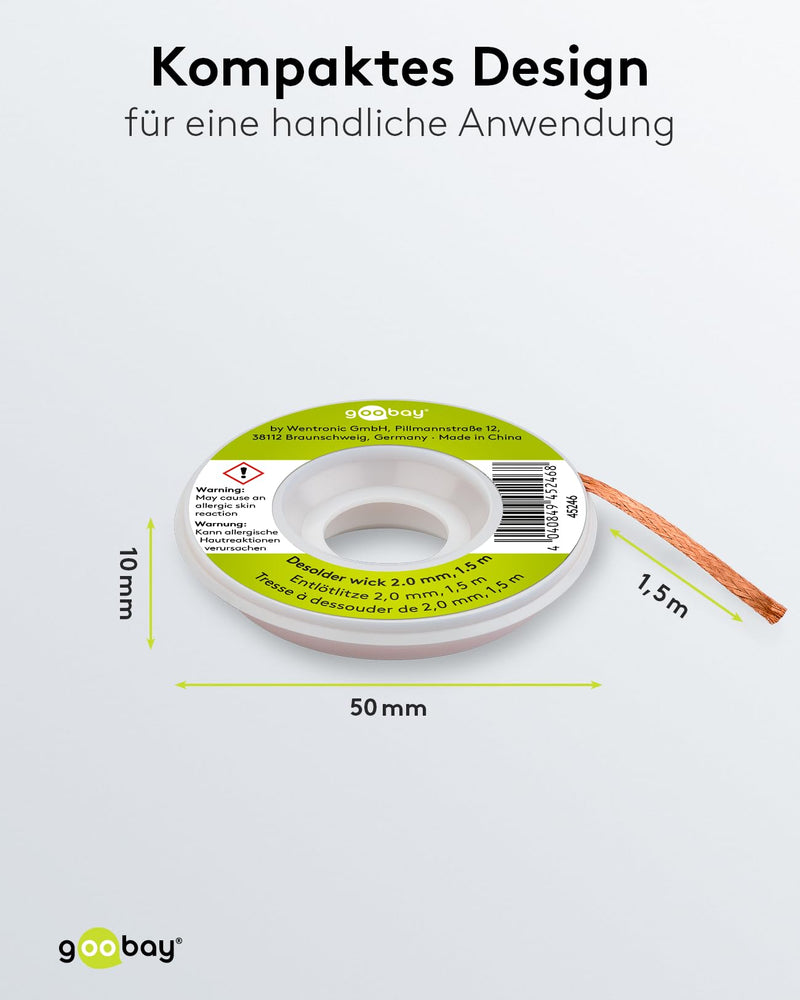 Goobay 45246 desoldering braid 2 mm pure copper desoldering wire for removing solder from soldering points, desoldering ideal thermal conductivity soldering braid 1.5 m spool