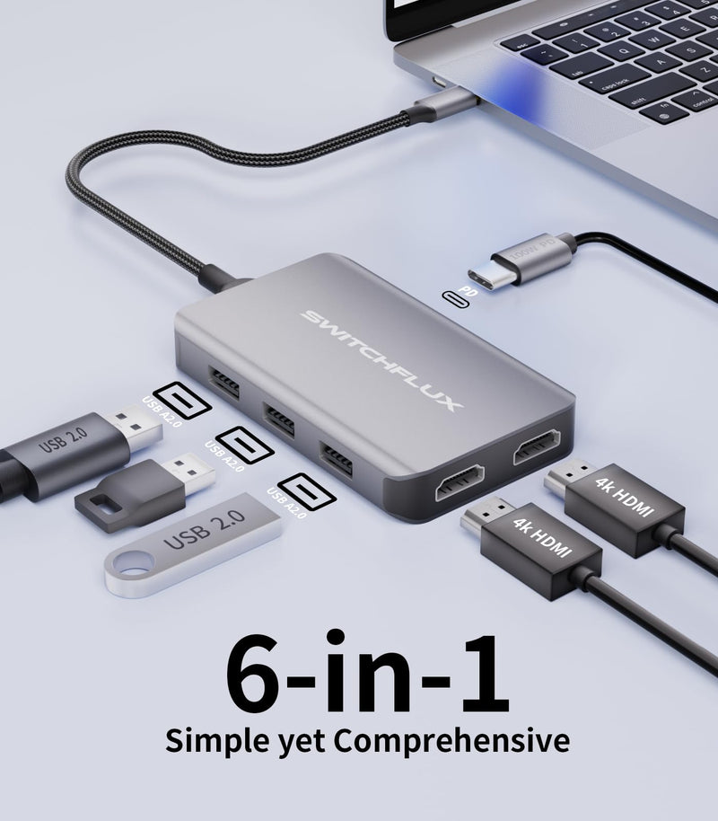 USB C Docking Station Dual Monitors Adapter,6 in 1 USB C Hub for Dual 4K HDMI Display,USB C Hub with 2×HDMI,3×USB Port,100WPD Compatible for MacBook Air/Pro,Dell XPS,and More