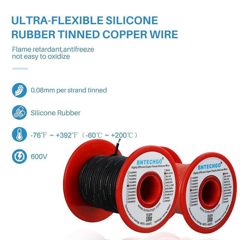 BNTECHGO 20 Gauge Silicone Wire Spool red and Black Each 100ft Flexible 20 AWG Stranded Tinned Copper Wire silicone wire 100ft red and 100ft black