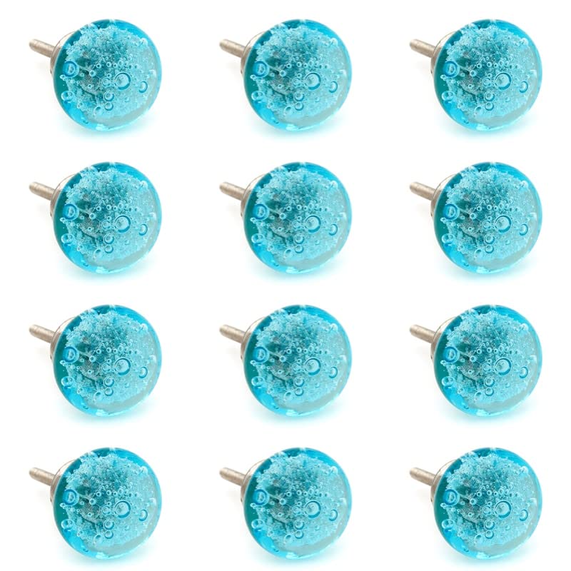 Shabby Restore Aqua Blue Bubbles Glass Dresser Drawer, Kitchen Cabinet or Door Knob Pulls Nickel Hardware - Pack of 12