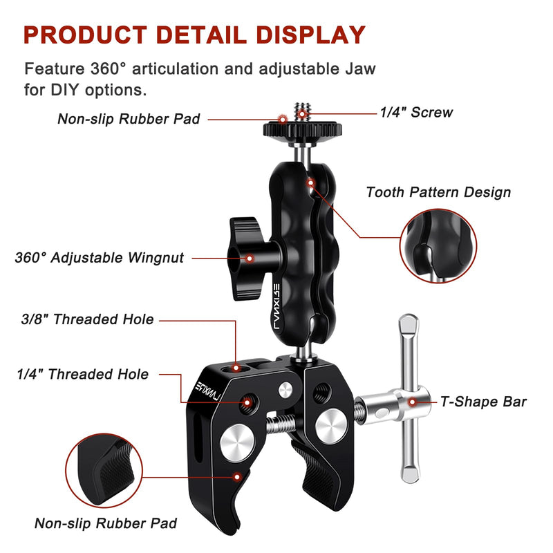 Camera Mount Clamp with Double Ball Head Adapter - 2 Pack. Compatible with LED Lights, Gopro, Insta360, DJI Action, Ronin-M, Ronin MX. 360° Ballhead and 1/4’’ + 3/8’’ Thread Hole.