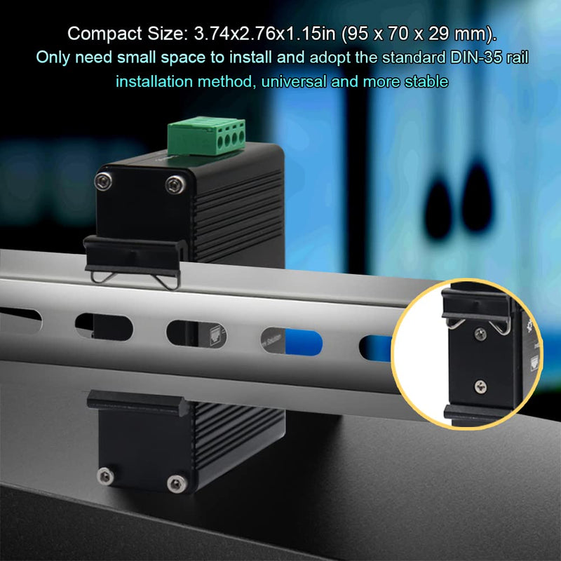 Mini Industrial 5 Ports Gigabit Switch Hardened 5 Port RJ45 10/100/1000Mbps Ethernet Switch Din Rail Mount Ethernet Switch Wall Mounts Included (-40 to 167 ºF) 10Gbps Switching Capacity 5 Ports Switch