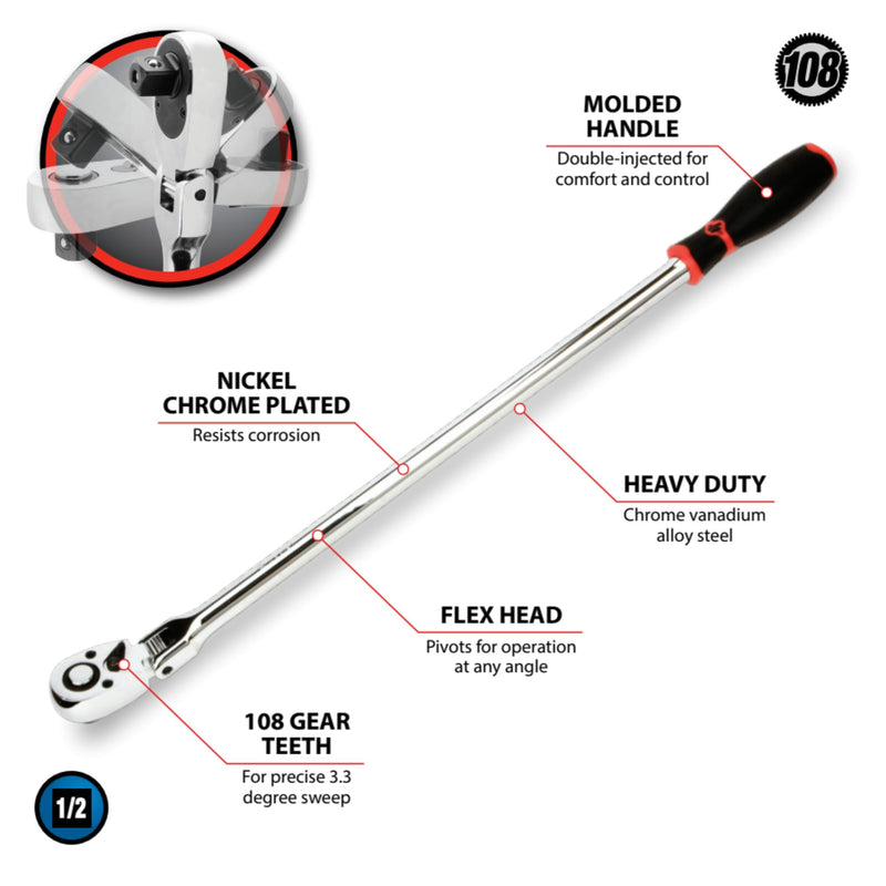 Performance Tool W38181 3/8-Inch Drive Flex Head Long Ratchet 3/8" Flex Head