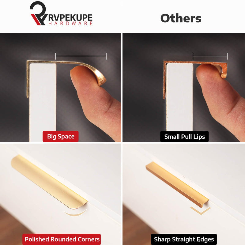 RVPEKUPE 10-Pack Adhesive Edge Finger Pulls for Cabinets No Drill Hidden Drawer Pulls Flat Stick On Cabinet Handles (Brushed Gold, 5.9" Length) 5.9" Overall Length Brushed Gold