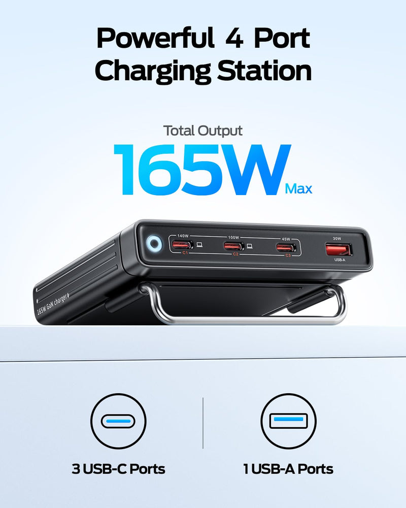 MOVESPEED 165W 4 Port Slim GaN Charging Station, 140W Single Port USB-C Fast Charger with Detachable 5ft Cable & 2 Stands for Laptops, Phones, Tablets (for MacBook/Dell/HP/Samsung etc)