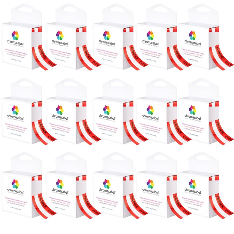 ChromaLabel 1.37 Inch Imprinted Evidence Tape Stickers, Tamper Evident Tape Crime Scene Decorations, 480 Inch Roll (13.33 Yards) with Dispenser Box, Red and White - Case of 15