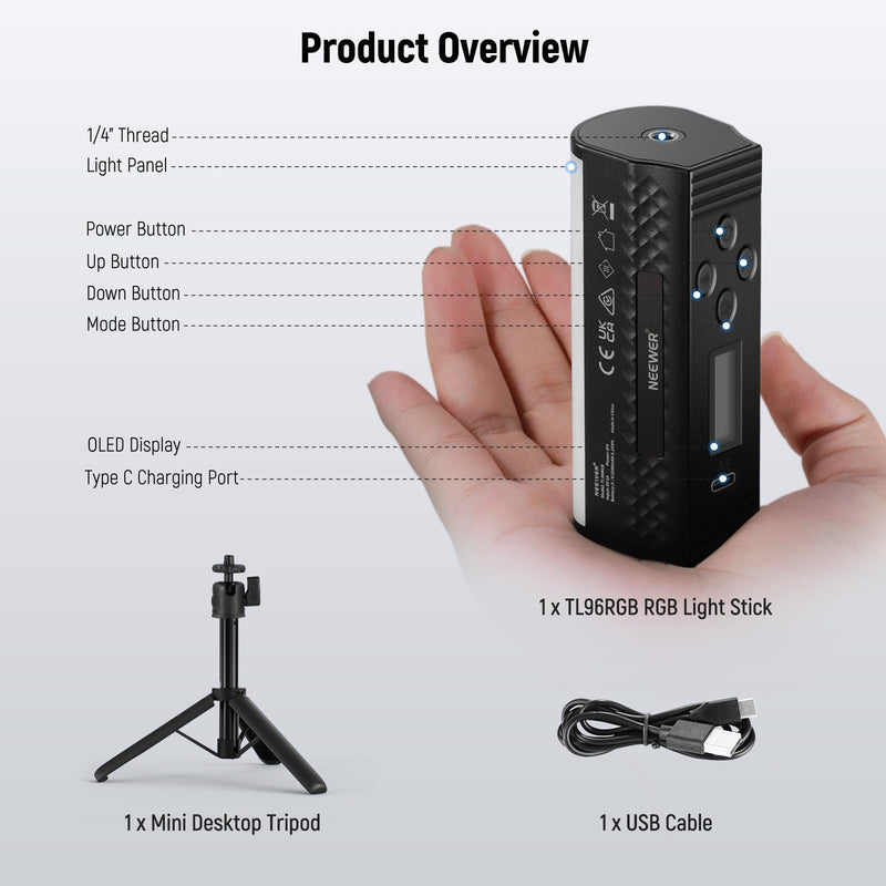 NEEWER Basic Magnetic Handheld Light Wand with Desk Tripod, 360° Full RGB Mini LED Video Tube Light Stick, 2500mAh Battery 2500-8500K Dimmable Lighting for Studio Camera Photography Recording, TL96RGB