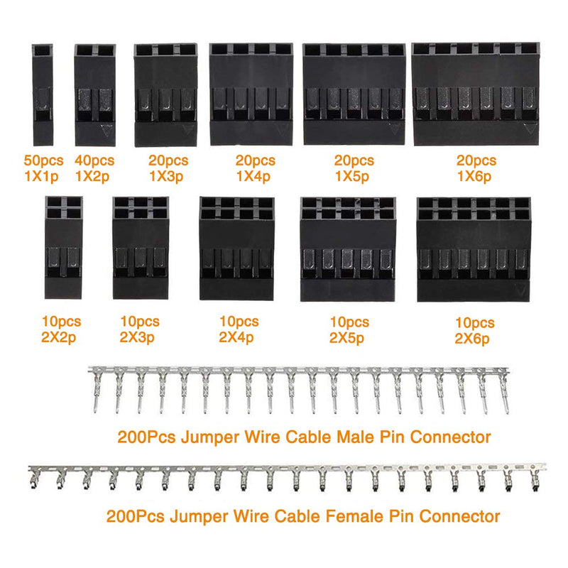 YIXISI 620pcs 2.54mm 1 2 3 4 5 6-pin Dupon connector kit, crimping pin kit for plug and socket for replacing or repairing broken cable circuit board connectors black - Dupon connection