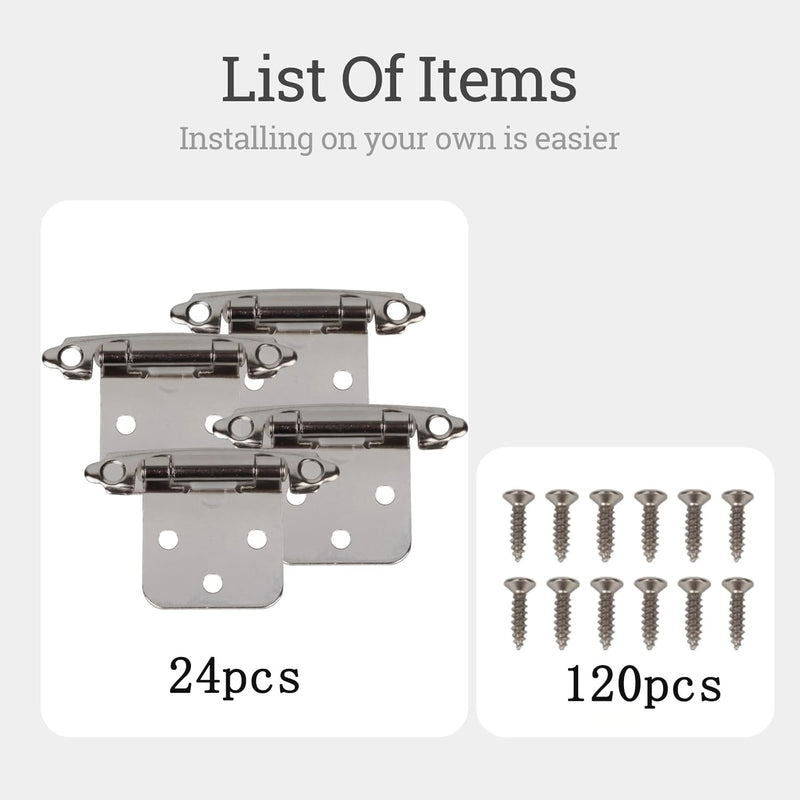Self Closing Cabinet Hinges for Face Frame,Cabinet Hinges, Metal Hardware for Kitchen Cabinets and Doors (Nickel, 24Pack) Nickel