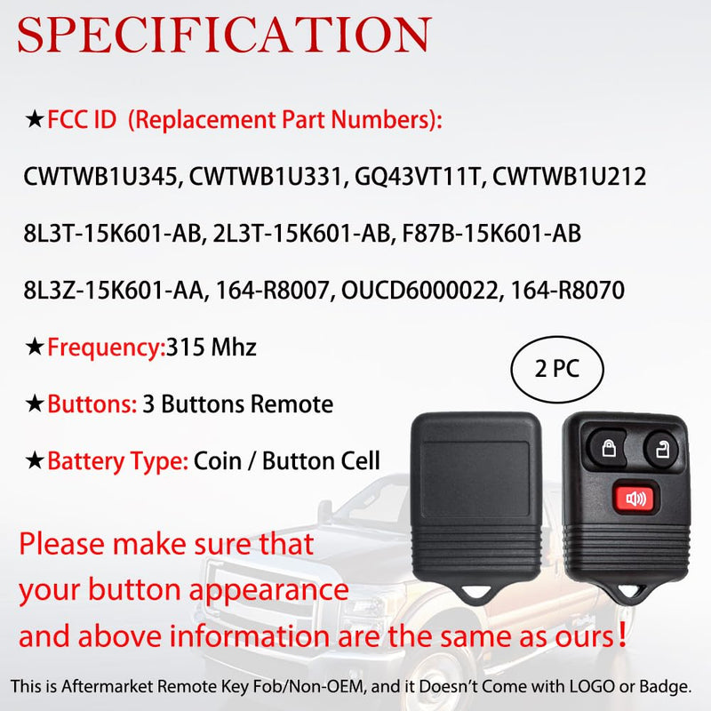 2 Key Fob Remote Replacement Fits for 1998-2016 F150 F250 F350 Ranger Escape Explorer Focus E150 Expedition, Mazda, Mercury, Lincoln MKZ MKX CWTWB1U345 CWTWB1U33 Keyless Entry Remote Control 3 Button