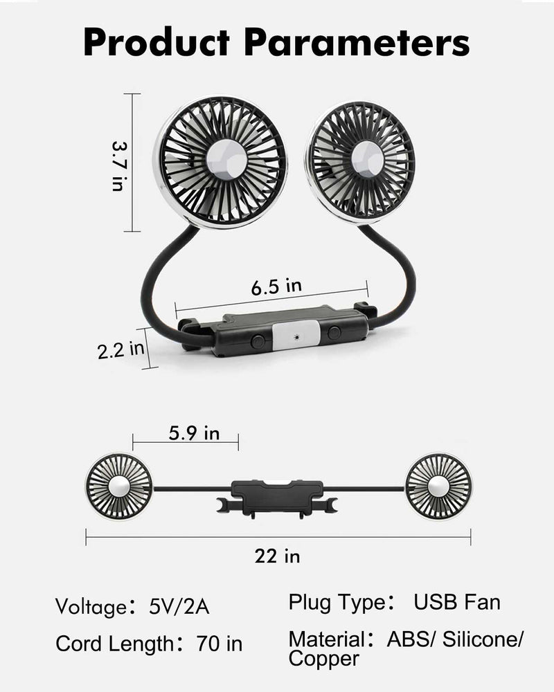 Hose Car Fan for Backseat Kids with Led Lights, USB Fan for Backseat of Car, Independent Control 3 Speeds 360°Rotatable Car Seat Fan for Baby Rear Facing, Back Seat Fan for Vehicles RV SUV Black and White