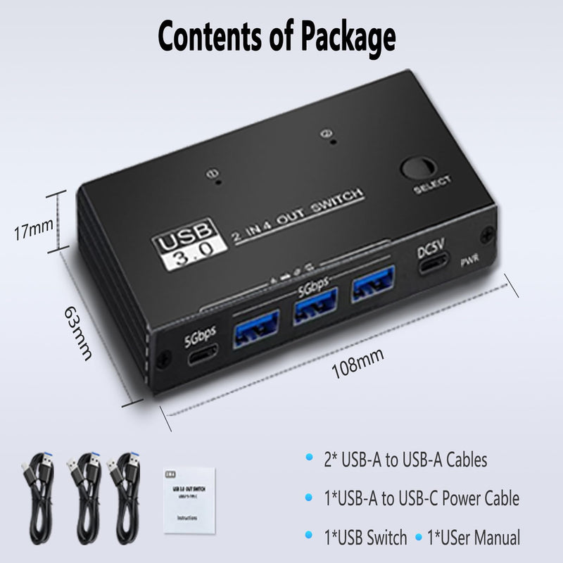USB 3.0 Switch Selector,USB Switcher 2 Computers Sharing 3X Type A and 1x USB C Port Hub PC Mouse Keyboard Hard Drives Printer One Button Switch Adapter with Windows Mac Linux,3 Cable