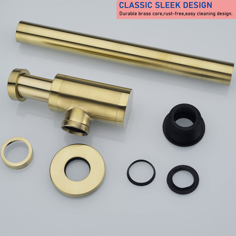 Brass Round Bottle P Trap, Basin Sink Waste Trap Drain Tube Kit Adjustable Height, Brushed Gold Finished