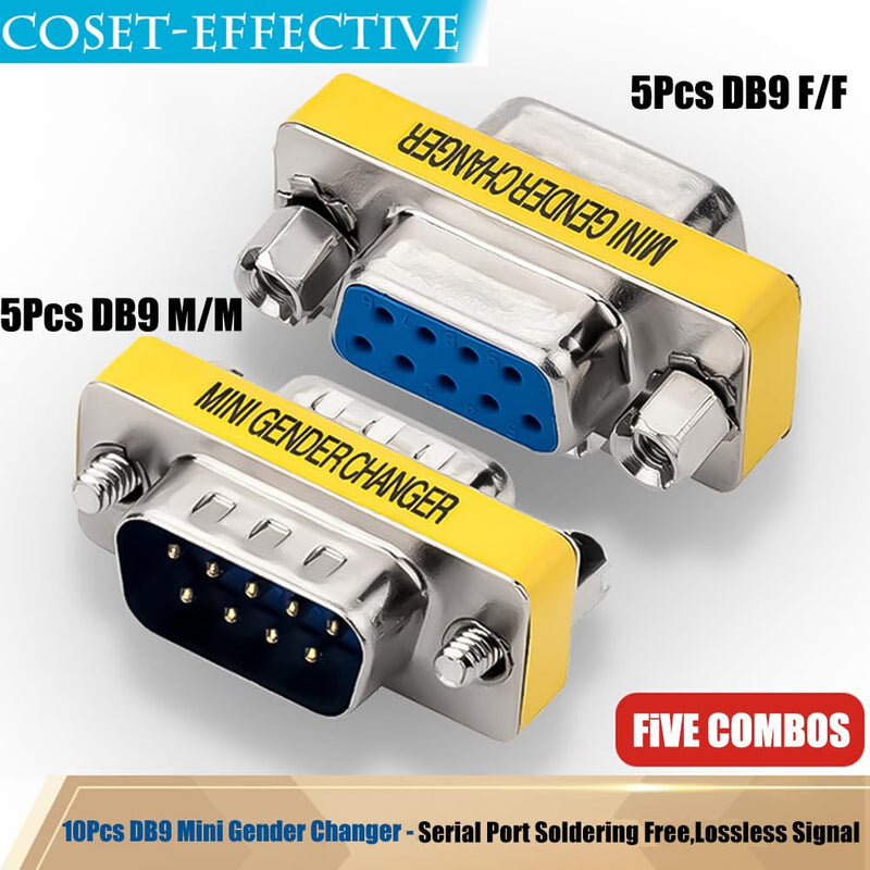 10-Pack 9Pin RS232 Serial Cable DB9 Male to Male/Female to Female Mini Gender Changer Adapter Coupler Connector 10-PACK (5M/M + 5F/F)
