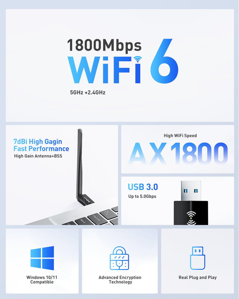 USB WiFi Adapter for Desktop PC - WiFi 6 Adapter AX1800 Dual Band 5G/2.4G for Desktop PC USB3.0 WiFi Dongle 7dBi High Gain Wi-Fi Antenna Wireless USB Network Card for Laptop Supports Win10/11