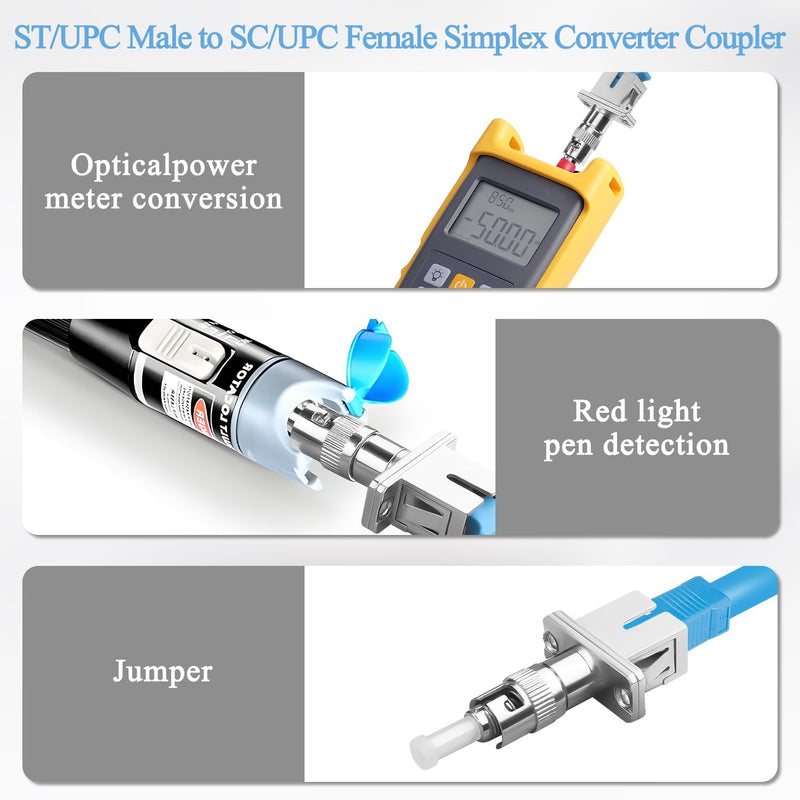 QIANRENON ST to SC Hybrid Fibre Optic Adapter SM 9/125μm ST/UPC Male to SC/UPC Female Simplex Fibre Converter Coupler Connector for Optical Power Meter Red Light Pins Patch Cord Pigtail FTTH
