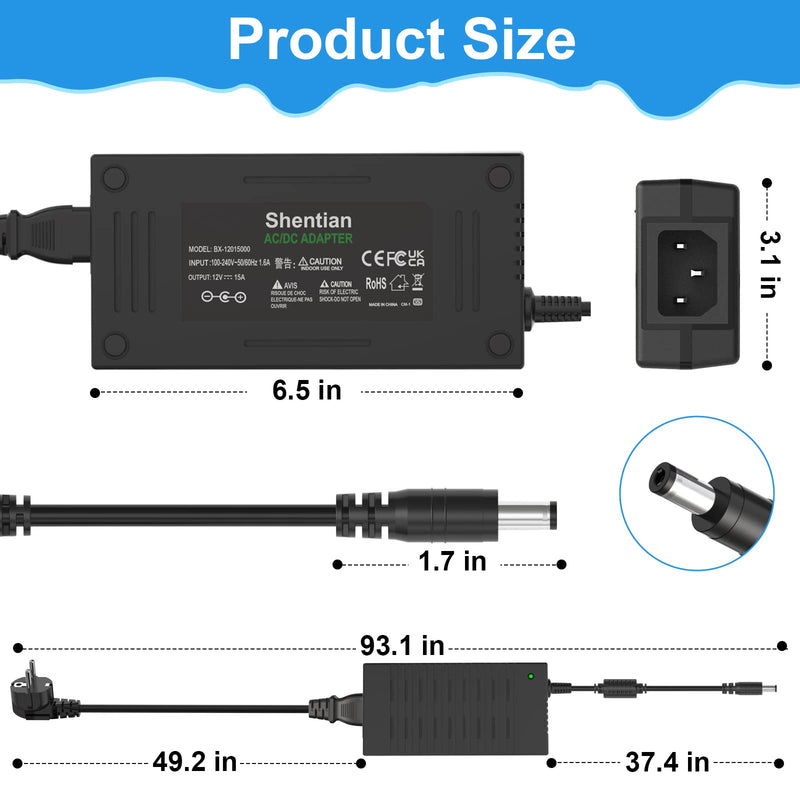Shentian 100V-240V to 12V power supply switching power supply with 5.5 x 2.5mm DC plug for 5050 3528 LED strip, 3D printer LED driver, CCTV, security system LCD monitor etc. (12V 15A adapter) 12V 15A adapter