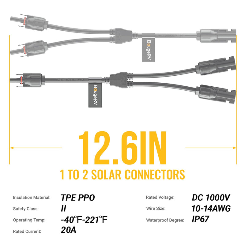 BougeRV Solar Connectors Y Branch Parallel Adapter Cable Wire Plug Tool Kit for Solar Panel 1 Pair M/FF and F/MM