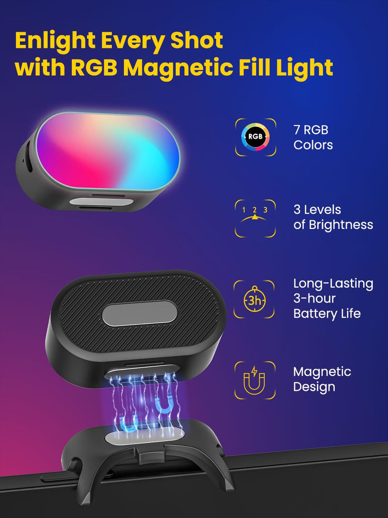 AOCHUAN Magnetic RGB LED Light, 7 Color Temperature, 3 Brightness Adjustment, 180 Mins Long-Lasting, Gradient Mode, Flash Mode 180° Fill Light for AOCHUAN Stabilizer