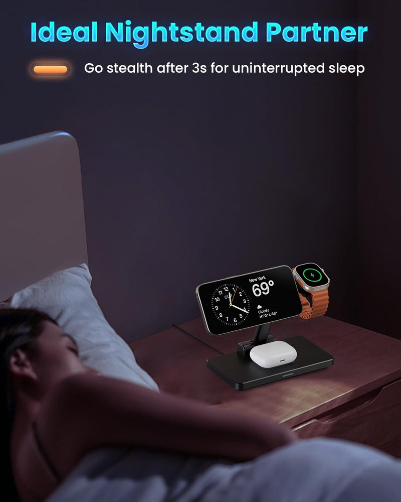 Wireless Charging Station for iPhone Mag-Safe: JoyGeek 3-in-1 Foldable Charger Phone Stand Charge for iPhone 16/15/14/13/12 Pro/Max/Plus - for AirPods - for Apple Watch 2-10/Ultra Carbon Black