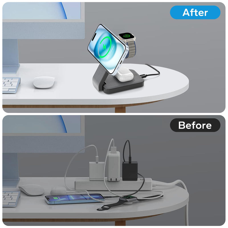 3 in 1 Foldable Wireless Charging Station for MagSafe, Travel Magnetic Charger Stand for iPhone 15 14 13 12 Pro Max, Fast Nightstand Charging Dock with Night Light for Apple Watch/AirPods