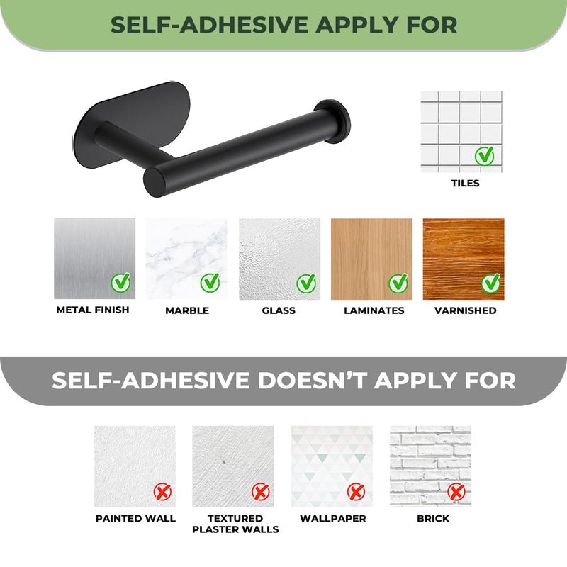 Joy Design 3 Pack Adhesive Toilet Roll Holder Stand - Matte Black SUS304 Stainless Steel, Rustproof Toilet Paper Holder No Drilling Tissue Holder for Kitchen Bathroom Wall Mount Bathroom Tissue Holder